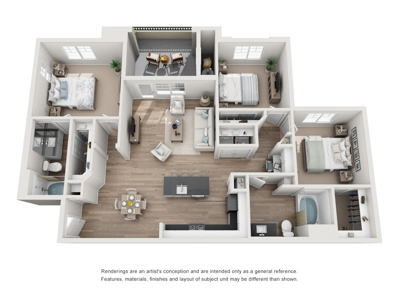 Floor plan for 3 beds, 2 baths, 1277 sqft